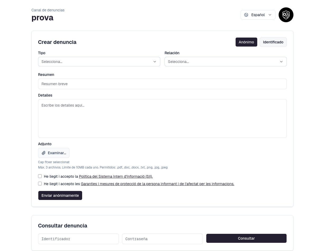 Captura de la página de inicio del canal con las opciones "Enviar denuncia" y "Consultar denuncia"