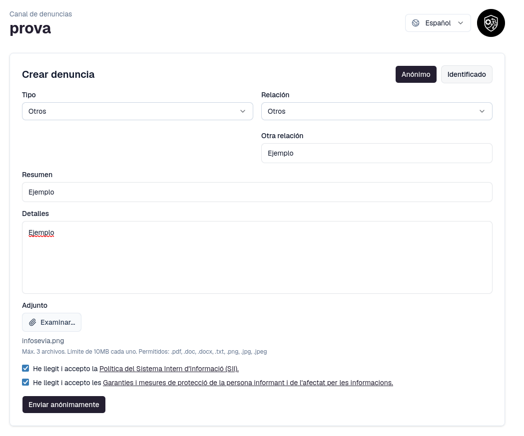 Captura del formulario de denuncia relleno con datos de ejemplo