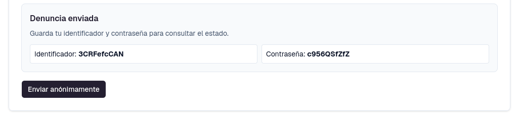 Captura de la pantalla de éxito con el identificador y la contraseña generados