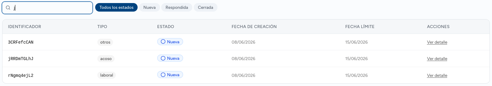 Captura del listado de denuncias con el selector de canal
