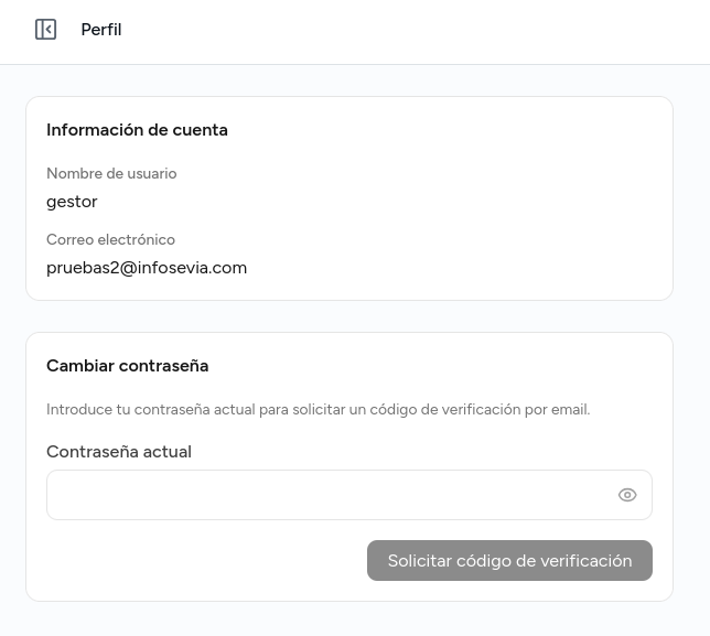Captura de la página de perfil con los datos de la cuenta y el formulario de cambio de contraseña