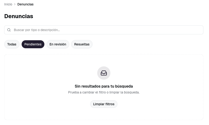 Estado vacío del listado con el botón Limpiar filtros