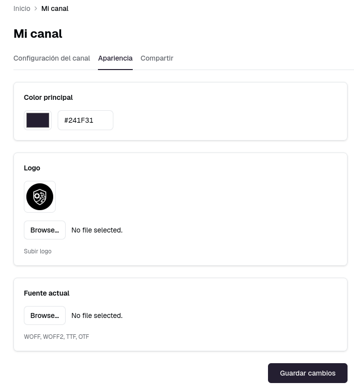 Pestaña Apariencia con el selector de color, logo y fuente