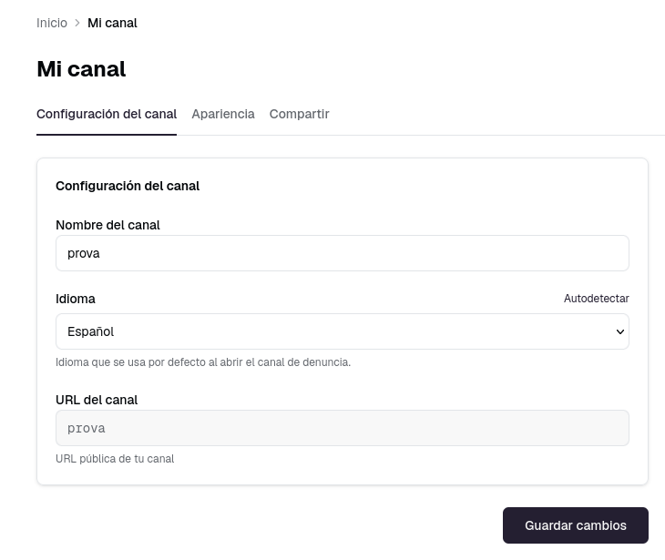 Pestaña Datos básicos del canal con nombre, idioma y URL