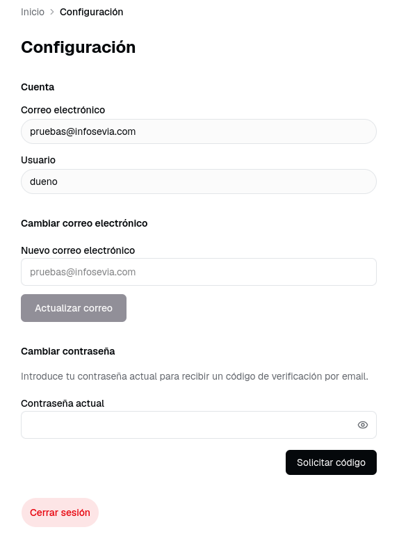 Página de Configuración de cuenta con los datos y el formulario de cambio de contraseña